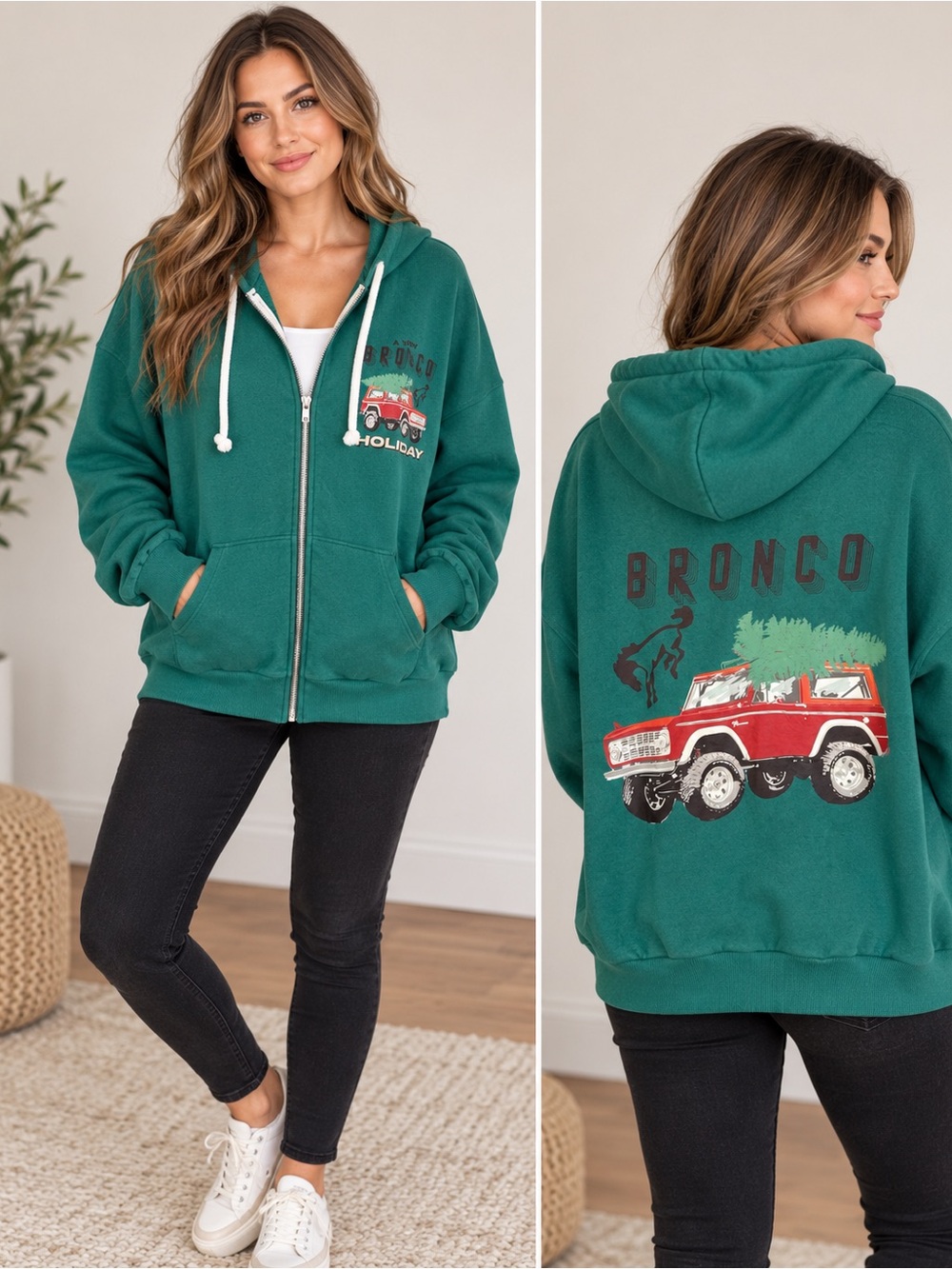 Ford Green Zip-Up Hoodie with Red Bronco Graphic Size XL Christmas Holiday